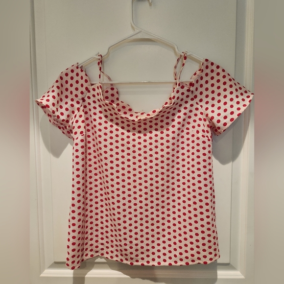 Monteau Tops - Monteau Pink/White Polka Dot Off Shoulder Shirt Scalloped Edges